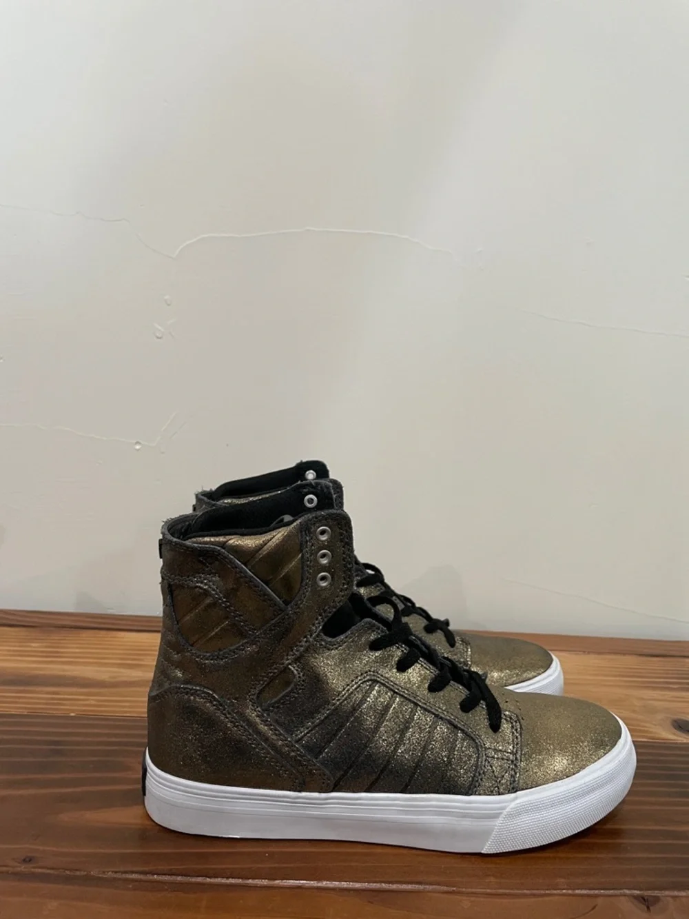 Supra Shiny Gold Punk Rock Biker High Top Boots Metallic Leather Lace Size 6